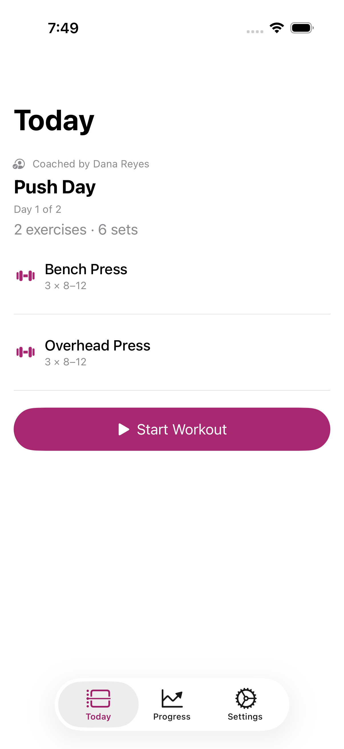 The CoachFlat client home screen showing today's assigned workout
